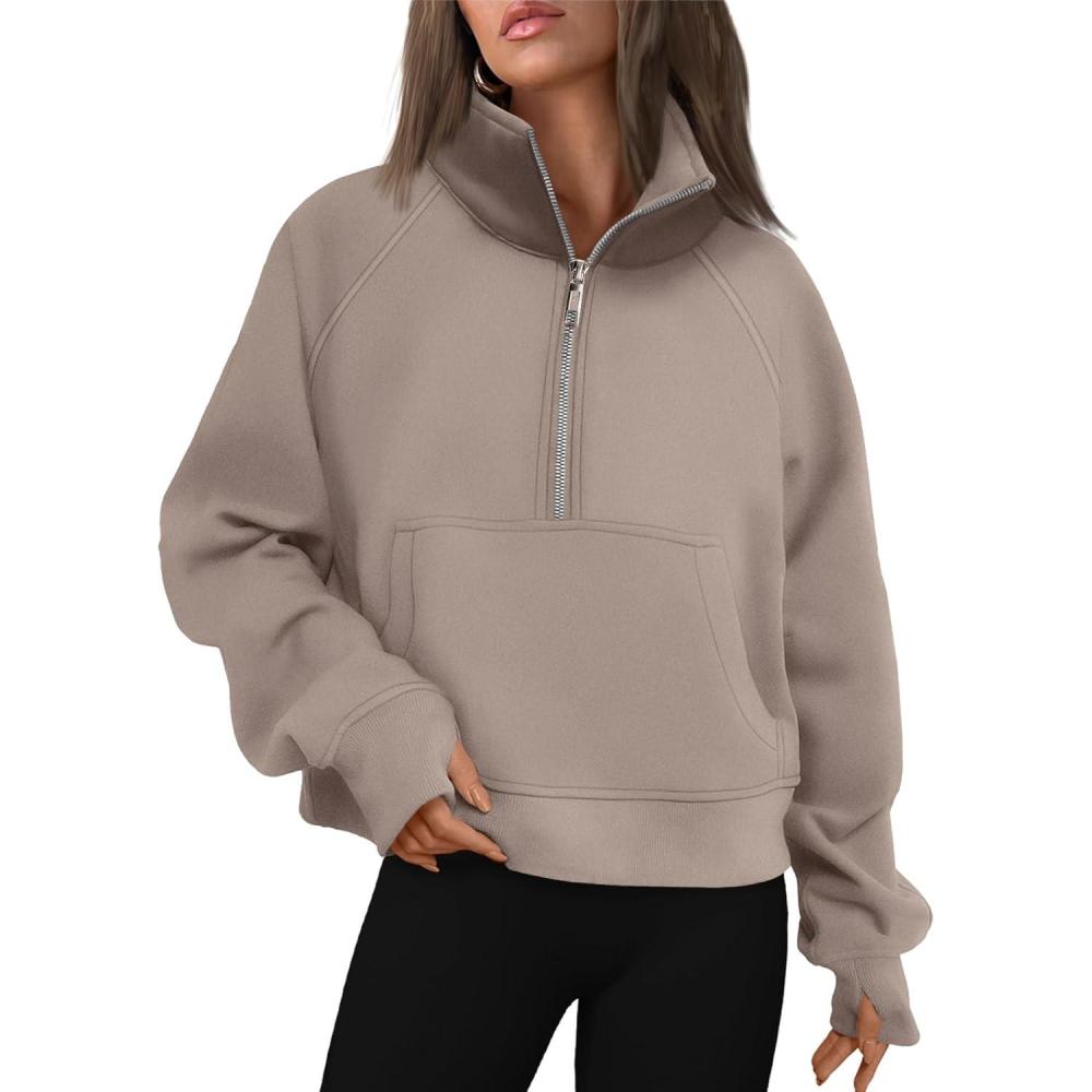 imageAUTOMET Womens Sweatshirts Half Zip Cropped Pullover Fleece Quarter Zipper Hoodies 2025 Fall Fashion Outfits ClothesCoffeegrey
