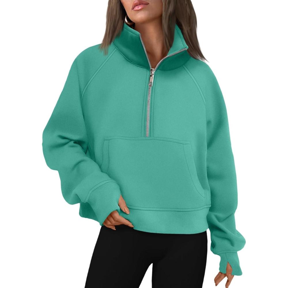 imageAUTOMET Womens Sweatshirts Half Zip Cropped Pullover Fleece Quarter Zipper Hoodies 2025 Fall Fashion Outfits ClothesCyan