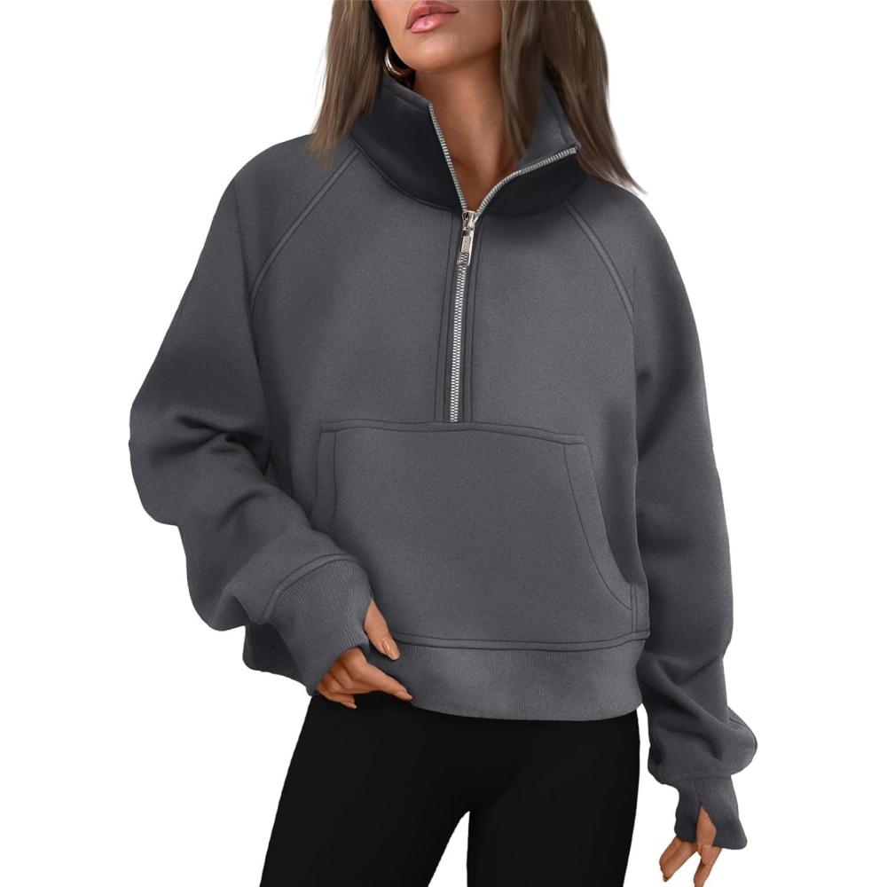 imageAUTOMET Womens Sweatshirts Half Zip Cropped Pullover Fleece Quarter Zipper Hoodies 2025 Fall Fashion Outfits ClothesDarkdrey