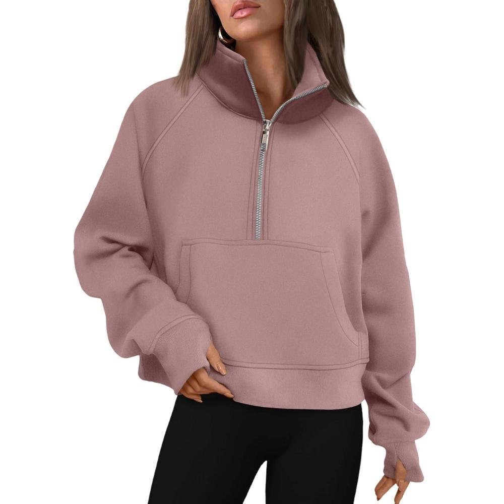 imageAUTOMET Womens Sweatshirts Half Zip Cropped Pullover Fleece Quarter Zipper Hoodies 2025 Fall Fashion Outfits ClothesDarkpink