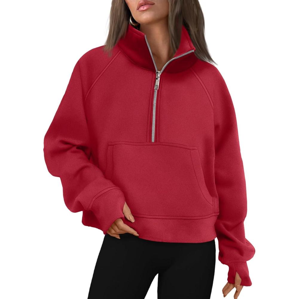 imageAUTOMET Womens Sweatshirts Half Zip Cropped Pullover Fleece Quarter Zipper Hoodies 2025 Fall Fashion Outfits ClothesFiery Red