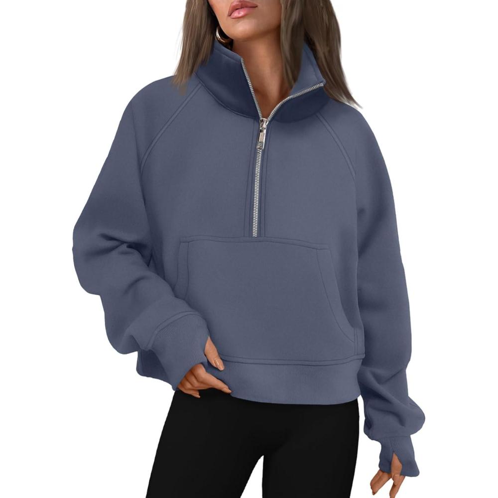 imageAUTOMET Womens Sweatshirts Half Zip Cropped Pullover Fleece Quarter Zipper Hoodies 2025 Fall Fashion Outfits ClothesGreyblue