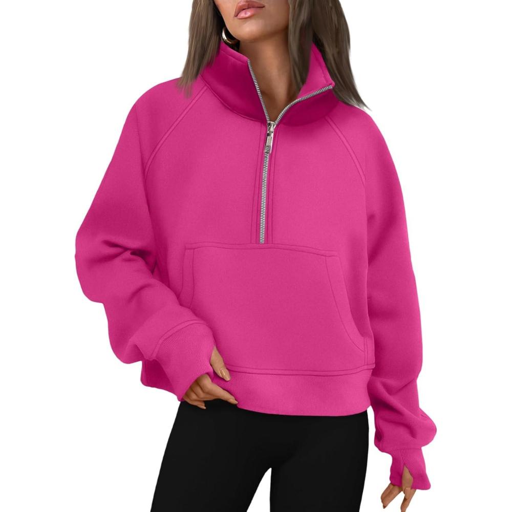 imageAUTOMET Womens Sweatshirts Half Zip Cropped Pullover Fleece Quarter Zipper Hoodies 2025 Fall Fashion Outfits ClothesHotpink