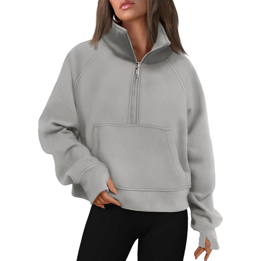 imageAUTOMET Womens Sweatshirts Half Zip Cropped Pullover Fleece Quarter Zipper Hoodies 2025 Fall Fashion Outfits ClothesLight Grey