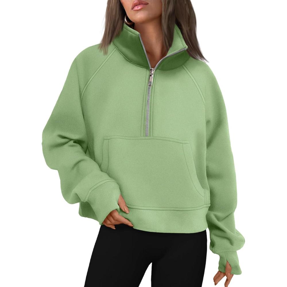 imageAUTOMET Womens Sweatshirts Half Zip Cropped Pullover Fleece Quarter Zipper Hoodies 2025 Fall Fashion Outfits ClothesLightgreen