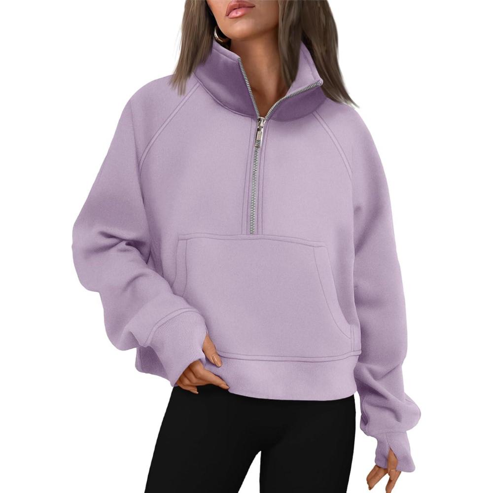 imageAUTOMET Womens Sweatshirts Half Zip Cropped Pullover Fleece Quarter Zipper Hoodies 2025 Fall Fashion Outfits ClothesLightpurple