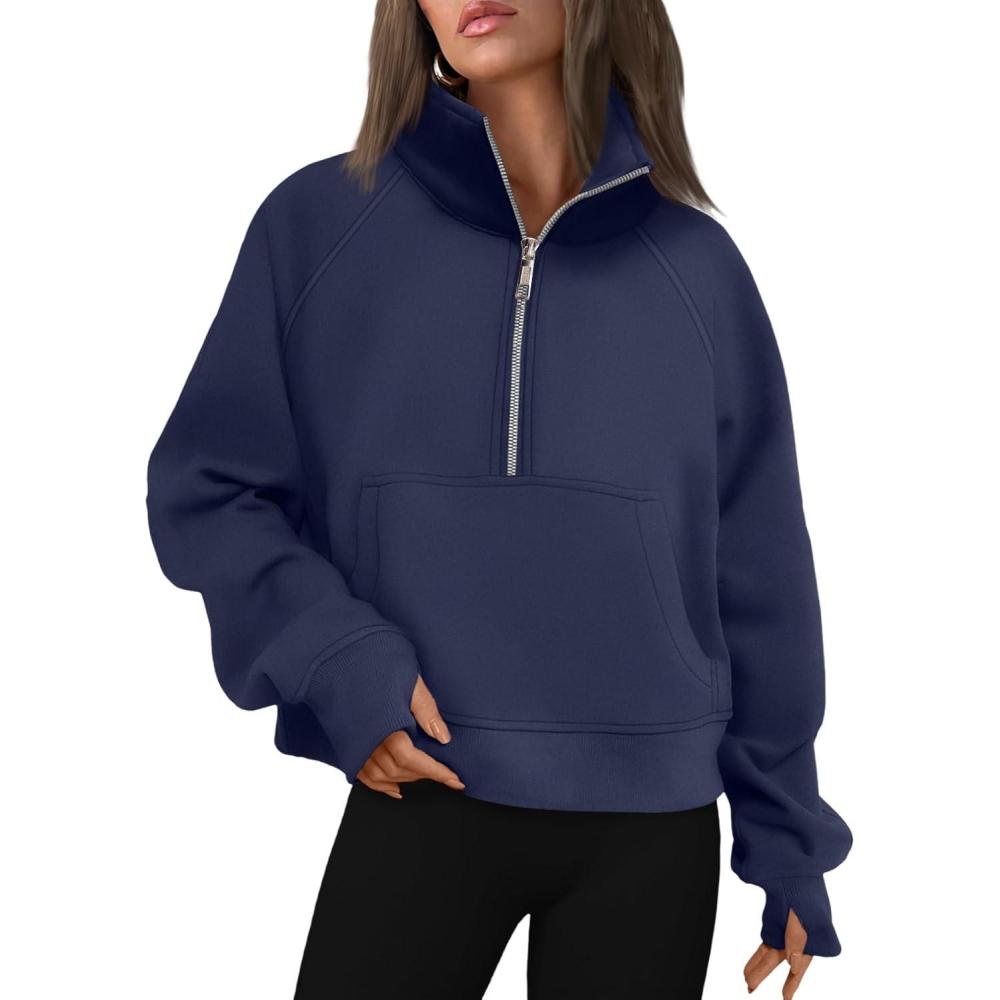 imageAUTOMET Womens Sweatshirts Half Zip Cropped Pullover Fleece Quarter Zipper Hoodies 2025 Fall Fashion Outfits ClothesNavyblue