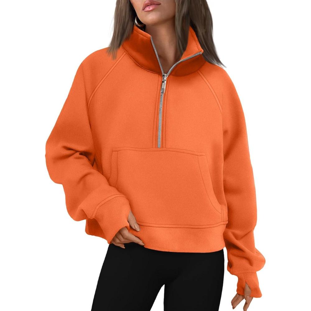 imageAUTOMET Womens Sweatshirts Half Zip Cropped Pullover Fleece Quarter Zipper Hoodies 2025 Fall Fashion Outfits ClothesOrange