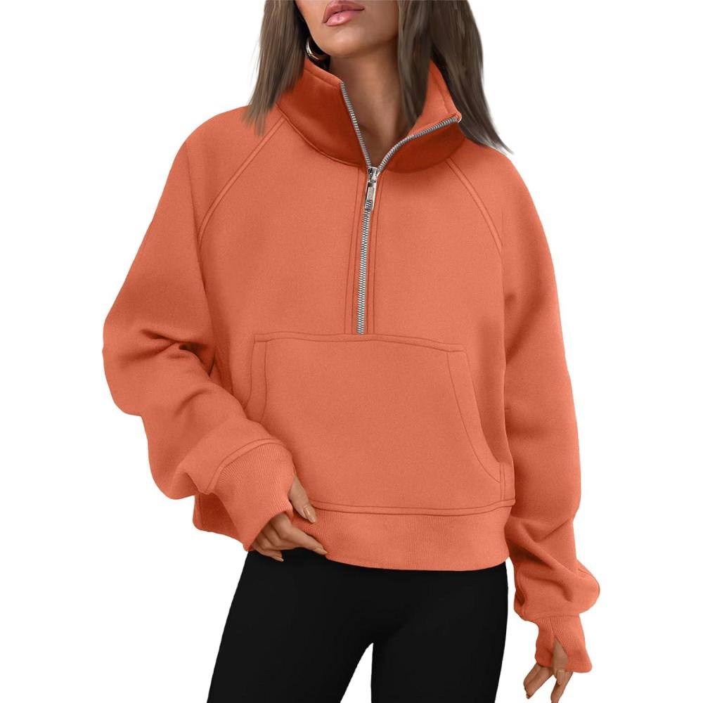 imageAUTOMET Womens Sweatshirts Half Zip Cropped Pullover Fleece Quarter Zipper Hoodies 2025 Fall Fashion Outfits ClothesOrangepink