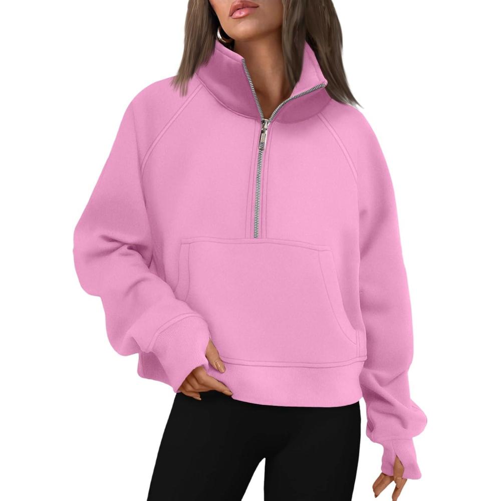 imageAUTOMET Womens Sweatshirts Half Zip Cropped Pullover Fleece Quarter Zipper Hoodies 2025 Fall Fashion Outfits ClothesPink