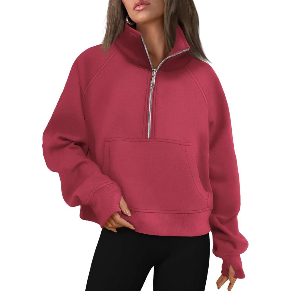 imageAUTOMET Womens Sweatshirts Half Zip Cropped Pullover Fleece Quarter Zipper Hoodies 2025 Fall Fashion Outfits ClothesRed
