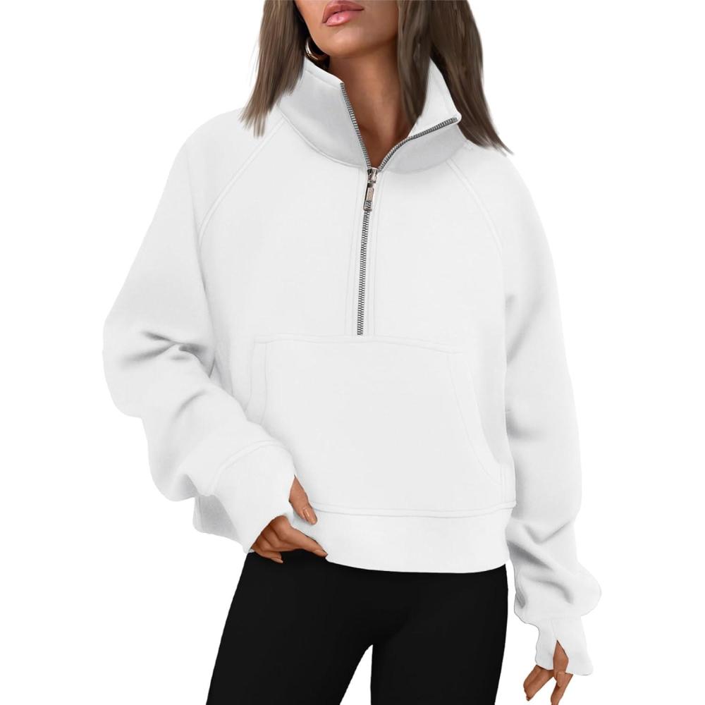 imageAUTOMET Womens Sweatshirts Half Zip Cropped Pullover Fleece Quarter Zipper Hoodies 2025 Fall Fashion Outfits ClothesWhite