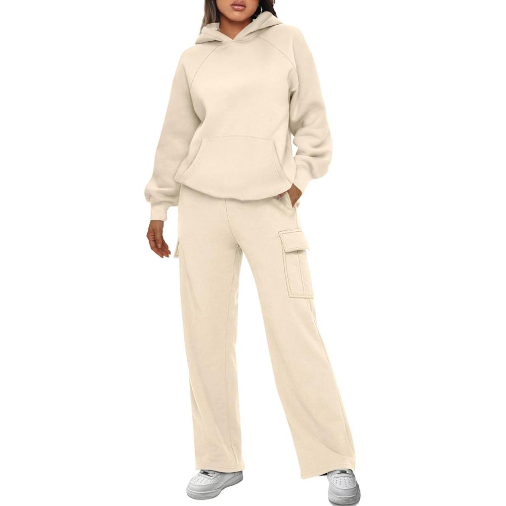 imageAUTOMET Womens Sweatsuits 2 Piece Outfits Fall Sweat Sets Lounge Hoodies and Cargo Pants Wide Leg with PocketsApricot