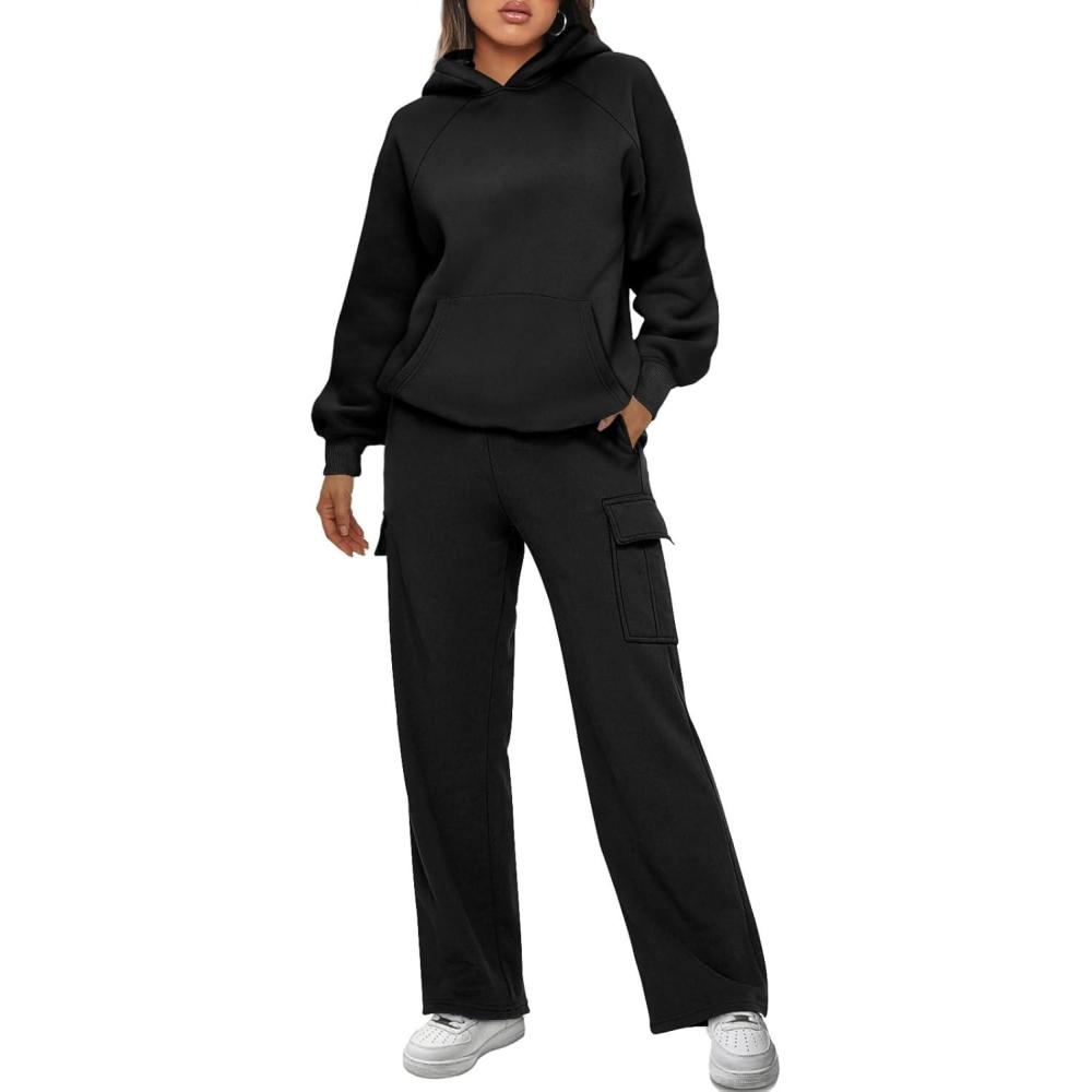 imageAUTOMET Womens Sweatsuits 2 Piece Outfits Fall Sweat Sets Lounge Hoodies and Cargo Pants Wide Leg with PocketsBlack