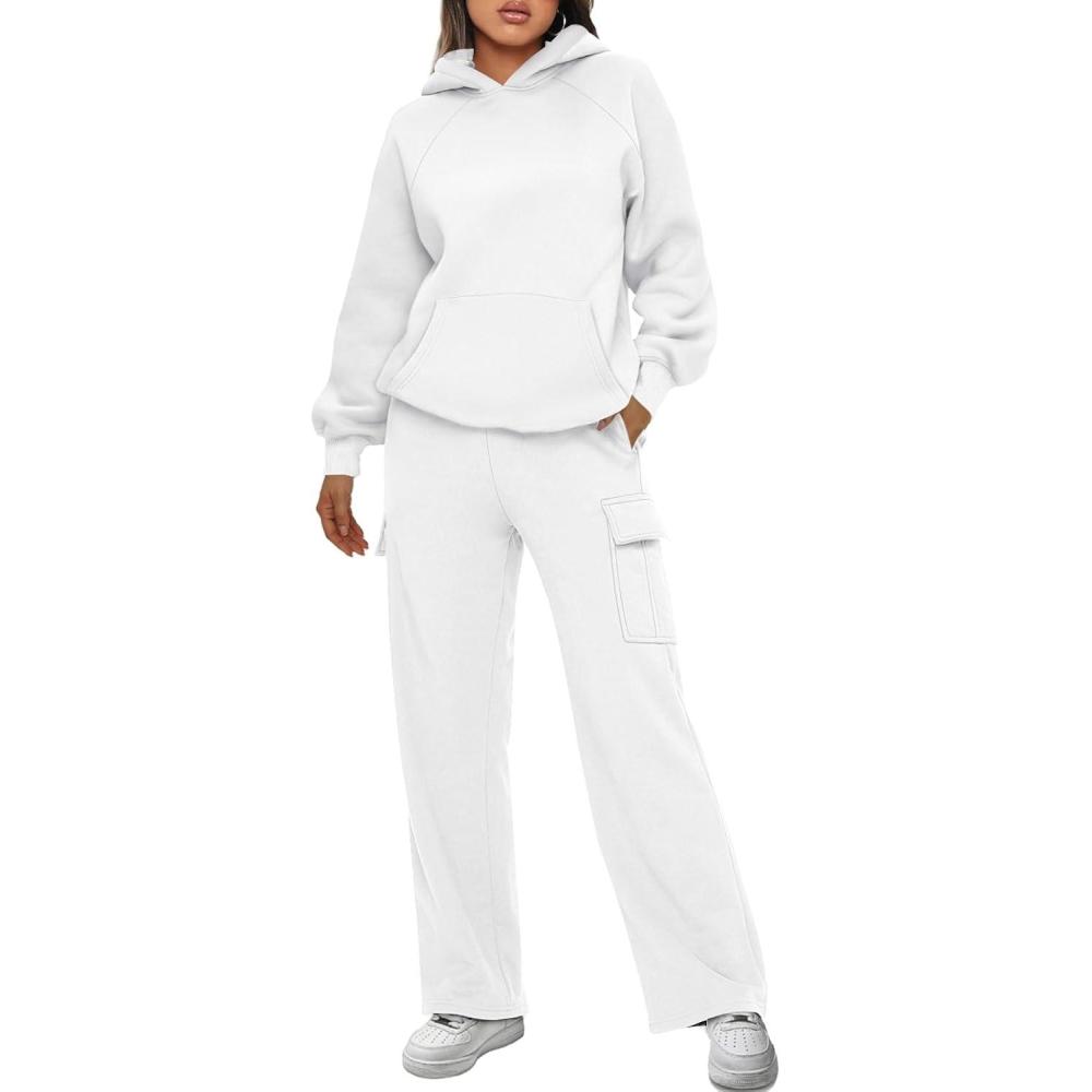 imageAUTOMET Womens Sweatsuits 2 Piece Outfits Fall Sweat Sets Lounge Hoodies and Cargo Pants Wide Leg with PocketsWhite