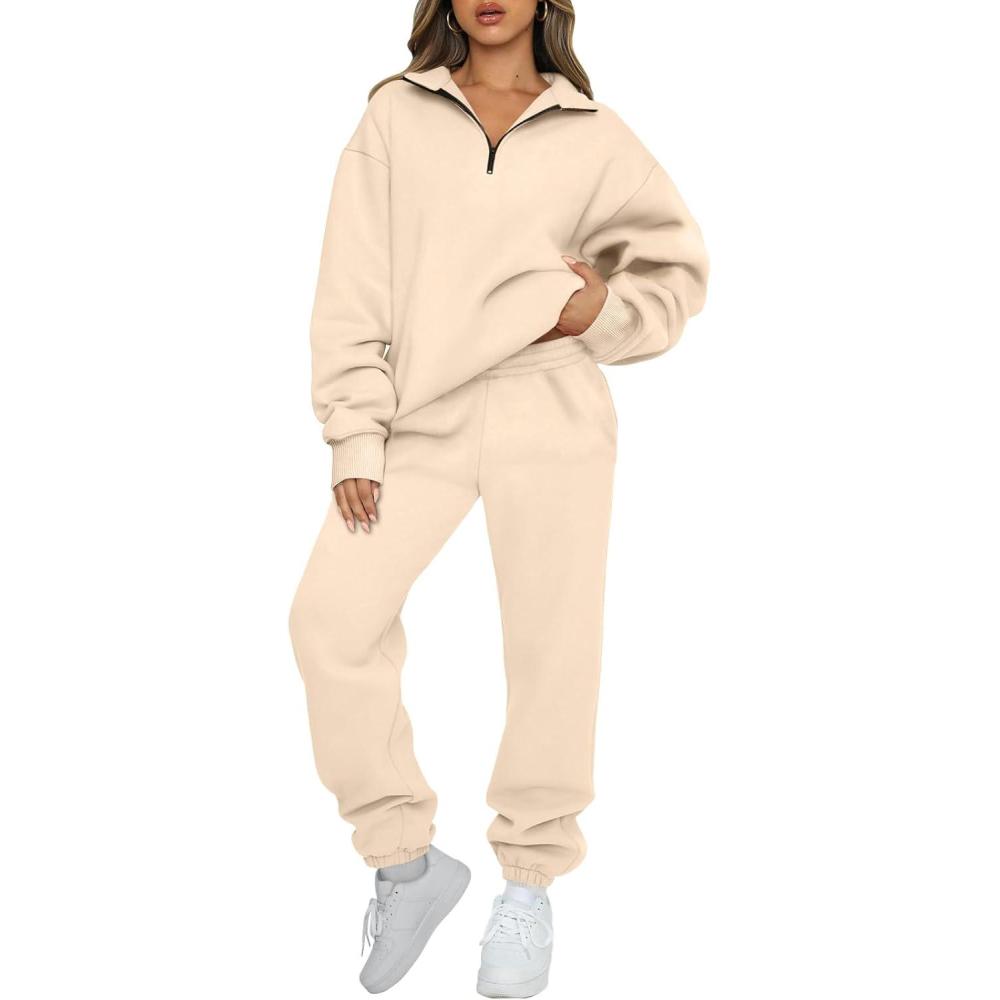 imageAUTOMET Womens Sweatsuits 2 Piece Outfits Lounge Sets Long Sleeve Half Zip Pullover and Baggy Sweatpants with PocketsApricot