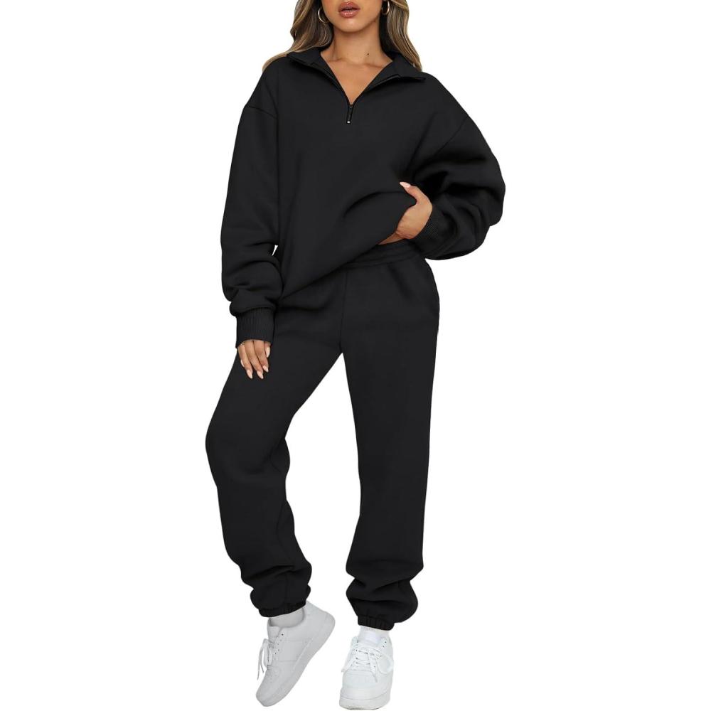 imageAUTOMET Womens Sweatsuits 2 Piece Outfits Lounge Sets Long Sleeve Half Zip Pullover and Baggy Sweatpants with PocketsBlack