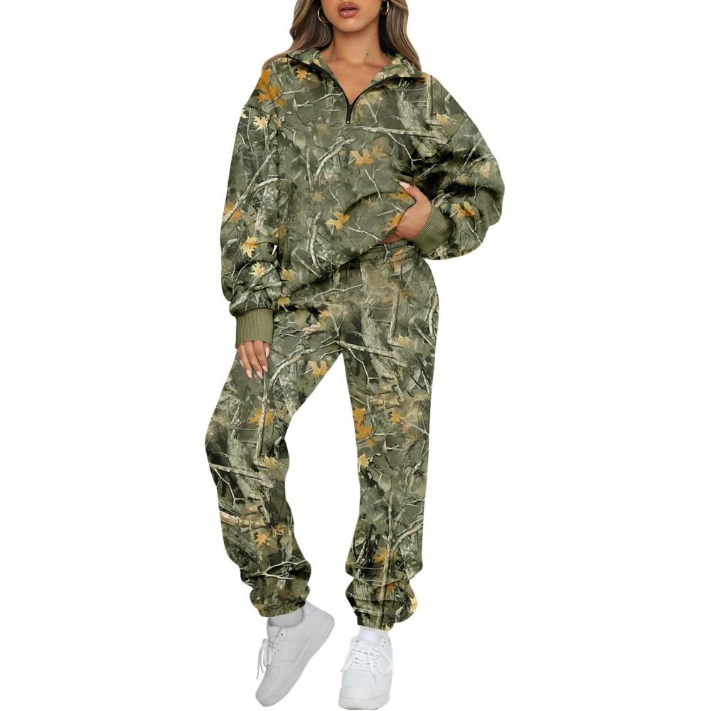 imageAUTOMET Womens Sweatsuits 2 Piece Outfits Lounge Sets Long Sleeve Half Zip Pullover and Baggy Sweatpants with PocketsCamoarmygreen