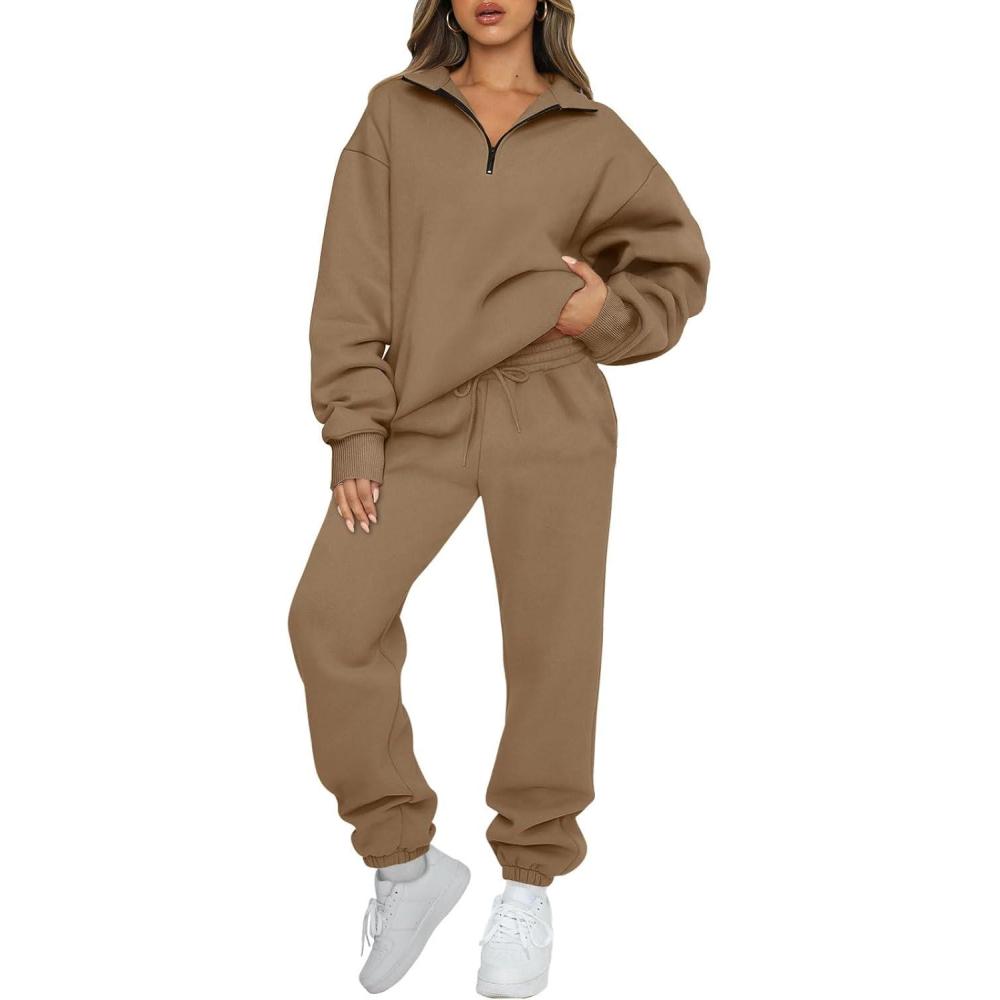 imageAUTOMET Womens Sweatsuits 2 Piece Outfits Lounge Sets Long Sleeve Half Zip Pullover and Baggy Sweatpants with PocketsCoffee