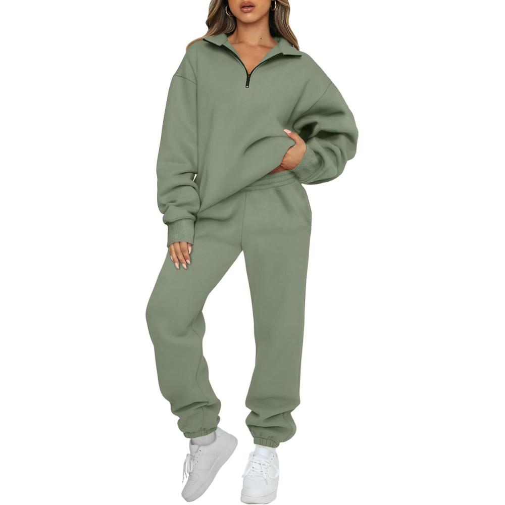 imageAUTOMET Womens Sweatsuits 2 Piece Outfits Lounge Sets Long Sleeve Half Zip Pullover and Baggy Sweatpants with PocketsGreen