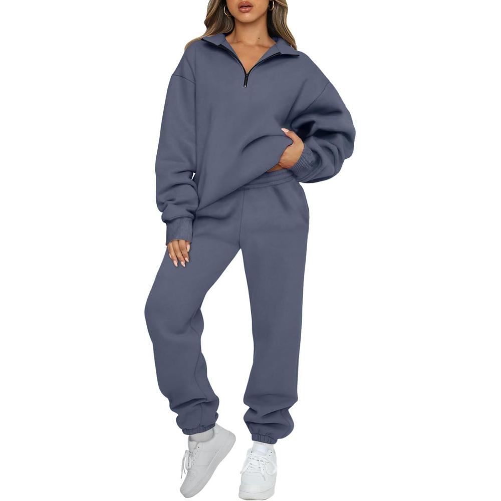 imageAUTOMET Womens Sweatsuits 2 Piece Outfits Lounge Sets Long Sleeve Half Zip Pullover and Baggy Sweatpants with PocketsGreyblue