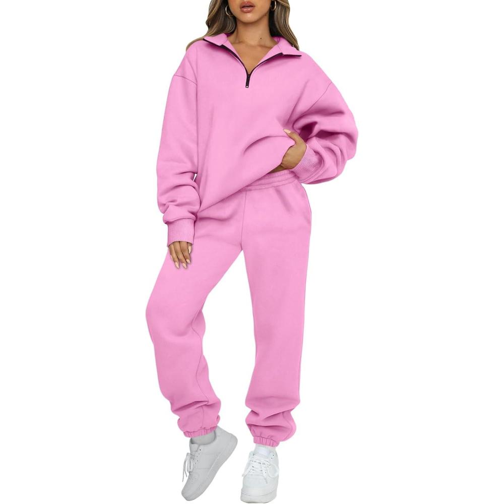 imageAUTOMET Womens Sweatsuits 2 Piece Outfits Lounge Sets Long Sleeve Half Zip Pullover and Baggy Sweatpants with PocketsPink