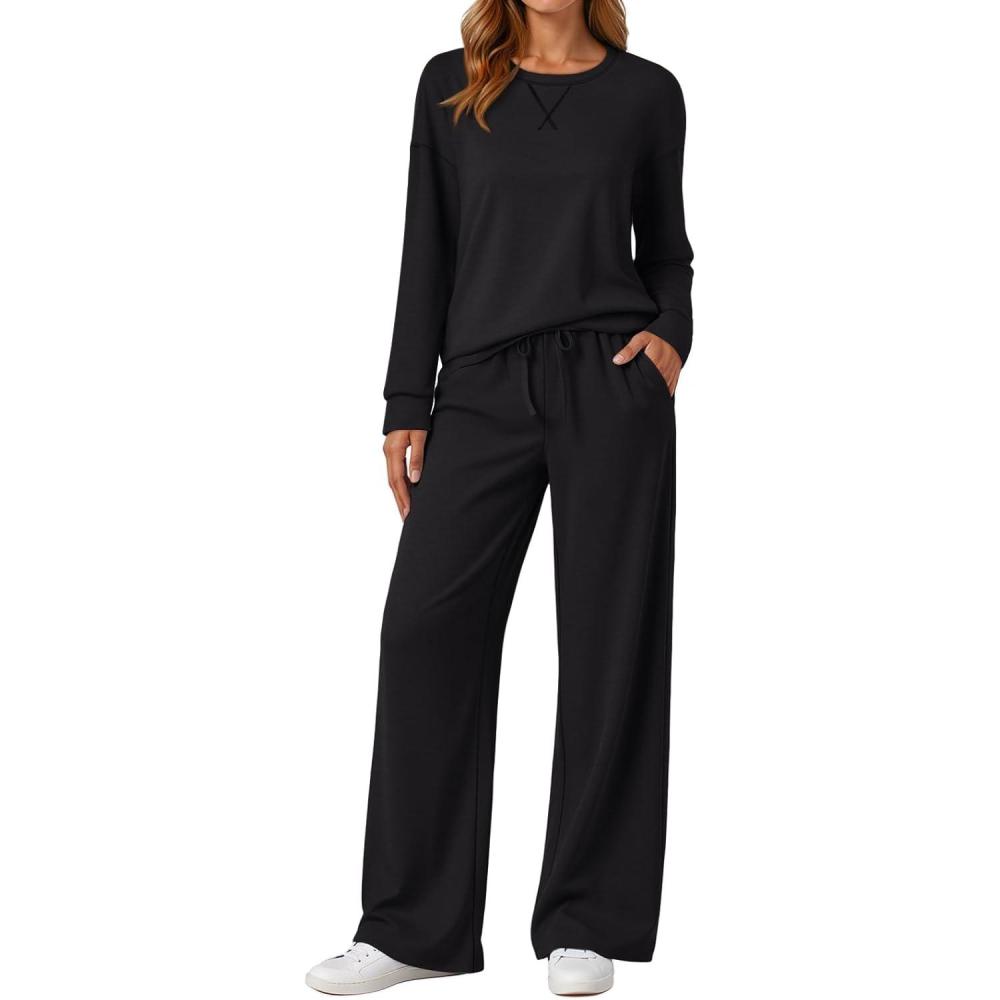 imageAUTOMET Womens Sweatsuits 2 Piece Sets Travel Outfits 2025 Fall Matching Lounge Set Oversized Sweatshirt Wide Leg PantsBlack
