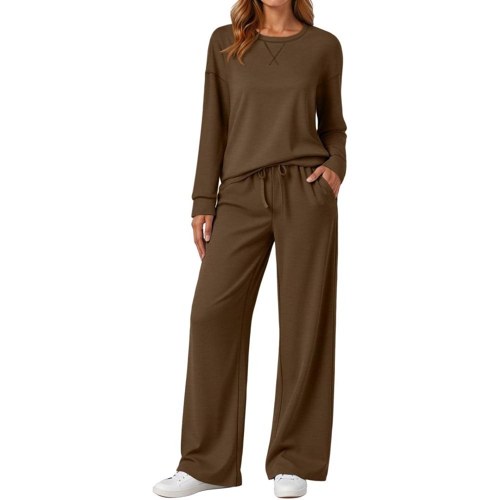 imageAUTOMET Womens Sweatsuits 2 Piece Sets Travel Outfits 2025 Fall Matching Lounge Set Oversized Sweatshirt Wide Leg PantsBrown