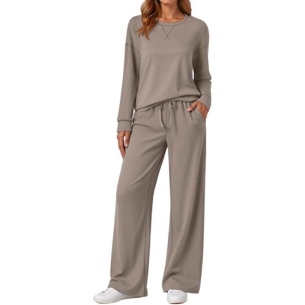 imageAUTOMET Womens Sweatsuits 2 Piece Sets Travel Outfits 2025 Fall Matching Lounge Set Oversized Sweatshirt Wide Leg PantsCoffeegrey