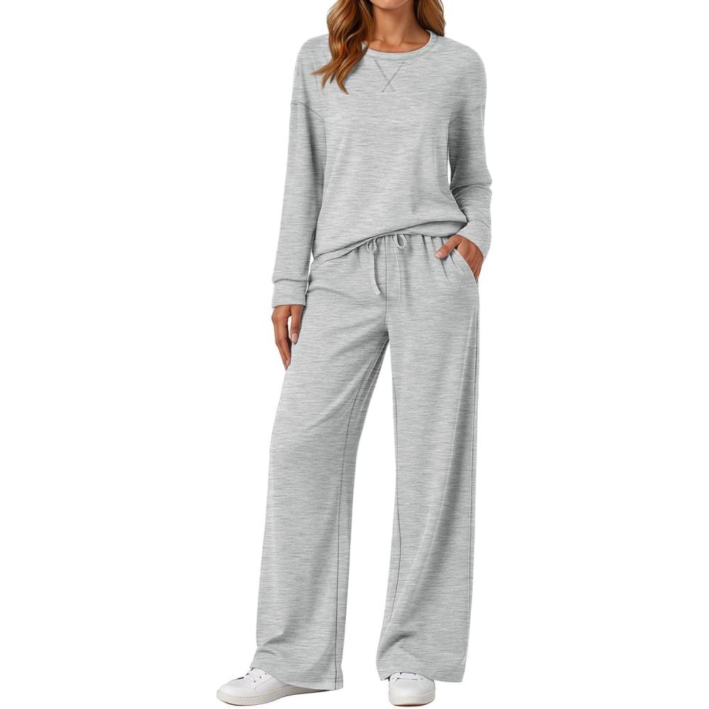 imageAUTOMET Womens Sweatsuits 2 Piece Sets Travel Outfits 2025 Fall Matching Lounge Set Oversized Sweatshirt Wide Leg PantsGrey