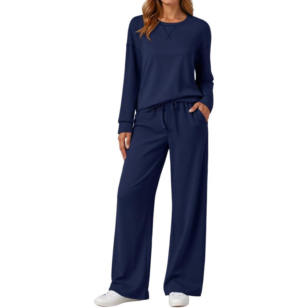imageAUTOMET Womens Sweatsuits 2 Piece Sets Travel Outfits 2025 Fall Matching Lounge Set Oversized Sweatshirt Wide Leg PantsNavy