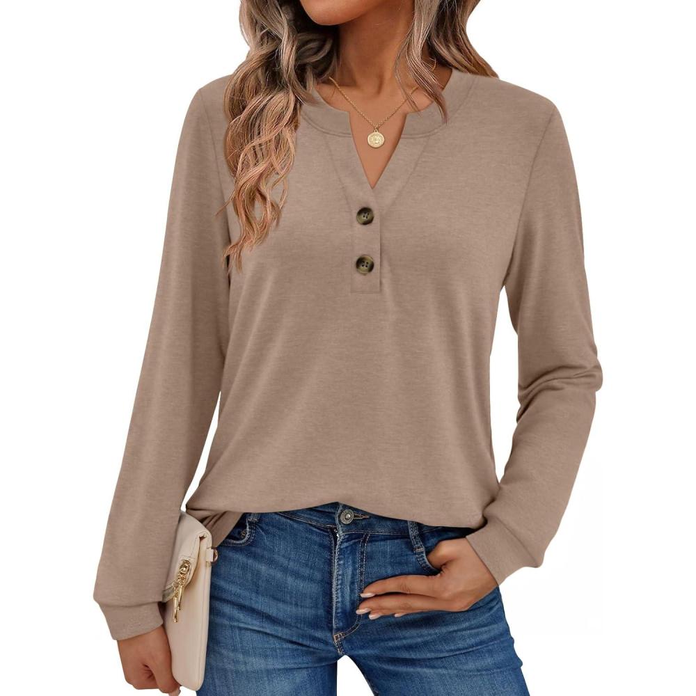 imageAUTOMET Womens Tops Long Sleeve Shirts Fall Fashion Clothes Henley Dressy Casual Blouses Trendy 2025Khaki