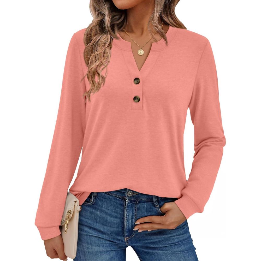 imageAUTOMET Womens Tops Long Sleeve Shirts Fall Fashion Clothes Henley Dressy Casual Blouses Trendy 2025Pink