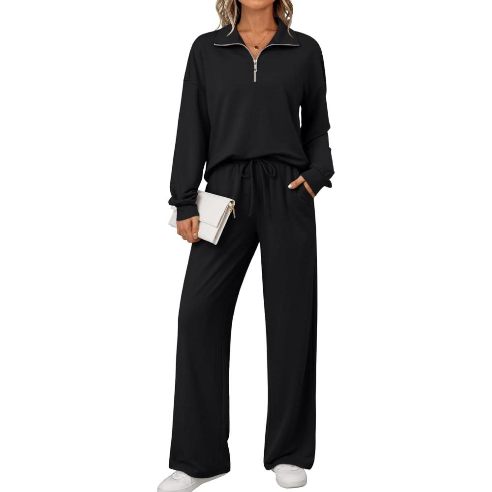 imageAUTOMET Womens Track Suits Set Sweatsuits Two Piece Outfits Lounge Sets Half Zip Lapel Sweatshirts Fall Fashion ClothesBlack