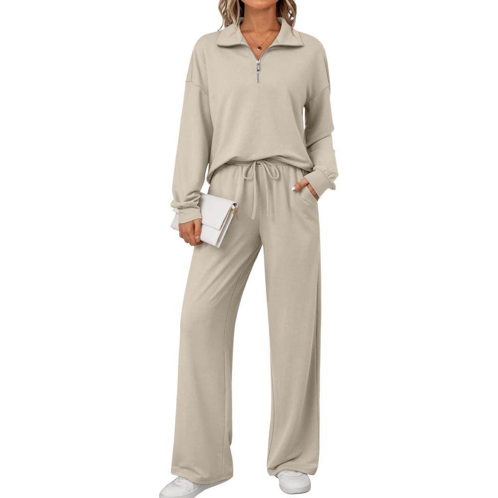 imageAUTOMET Womens Track Suits Set Sweatsuits Two Piece Outfits Lounge Sets Half Zip Lapel Sweatshirts Fall Fashion ClothesKhaki