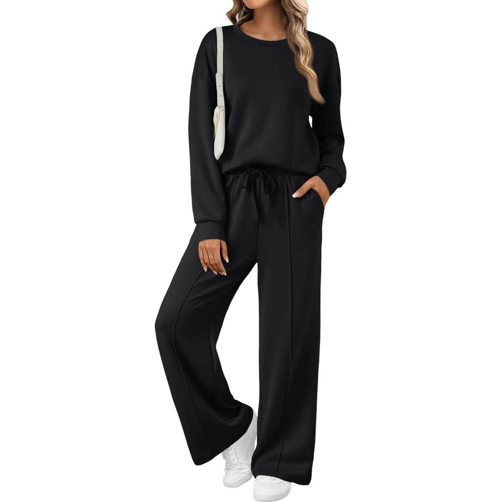 imageAUTOMET Womens Two Piece Lounge Sets Sweatsuits Outfit Wide Leg Sweatpants Tracksuit Loungewear Sweatshirt with PocketsBlack