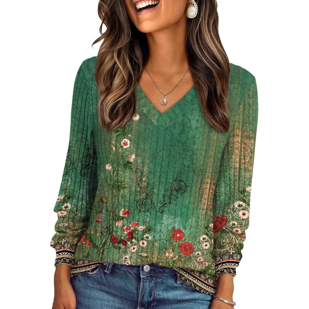 imageAUTOMET Womens V Neck Long Sleeve Shirt Fall Fashion Tops Tunic Dressy Casual Sweater Clothes Cute Trendy Work Outfits 2025Bohoflowergreen