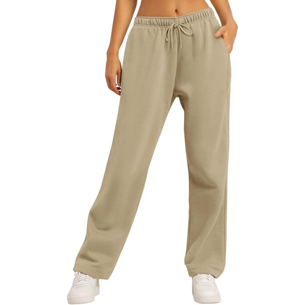 imageAUTOMET Womens Wide Leg Sweatpants Fleece Lined Baggy Straight Leg Lounge Pants Fall Outfits Athletic Joggers with PocketsBeige