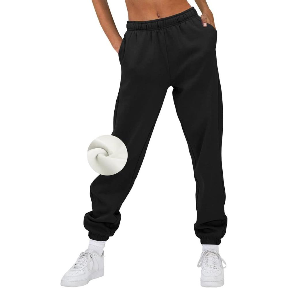 imageAUTOMET Womens Winter Casual Baggy Fleece Lined Sweatpants Fashion High Waisted Joggers Pants Athletic Clothes with PocketsBlack