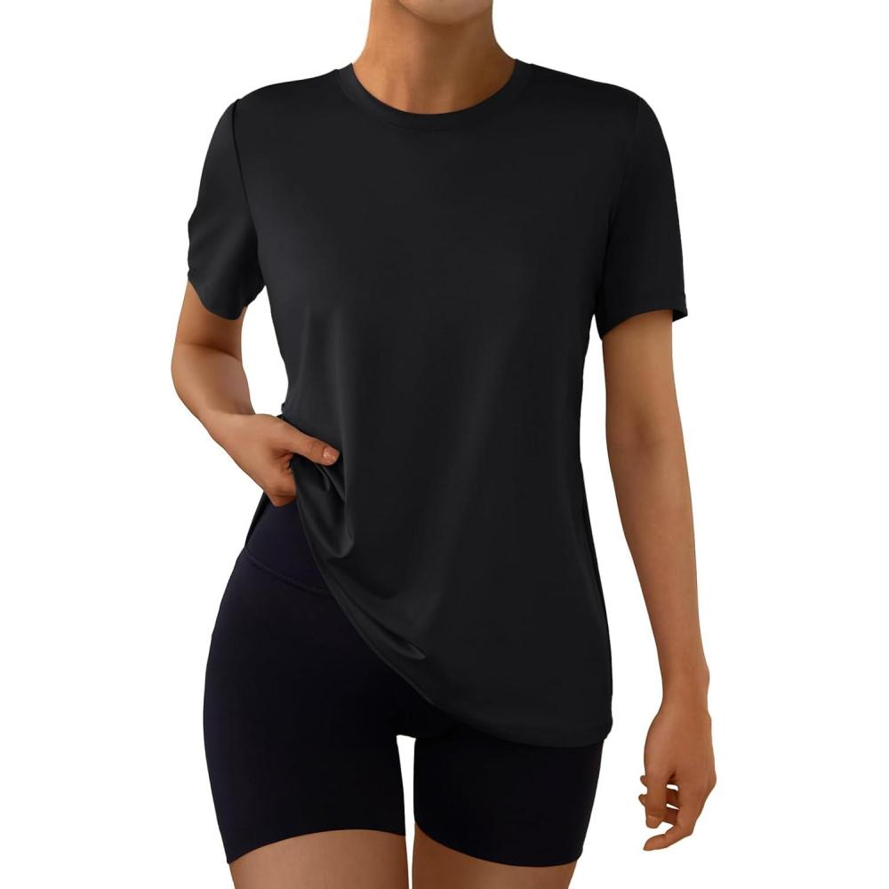 imageAUTOMET Womens Workout Tops Short Sleeve Gym Shirts Summer Athletic Yoga Tshirts Loose Fit Casual Clothes 2025Black