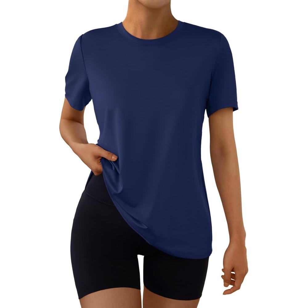 imageAUTOMET Womens Workout Tops Short Sleeve Gym Shirts Summer Athletic Yoga Tshirts Loose Fit Casual Clothes 2025Darkblue