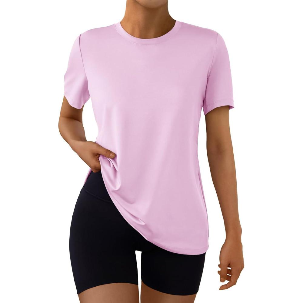 imageAUTOMET Womens Workout Tops Short Sleeve Gym Shirts Summer Athletic Yoga Tshirts Loose Fit Casual Clothes 2025Lightpink