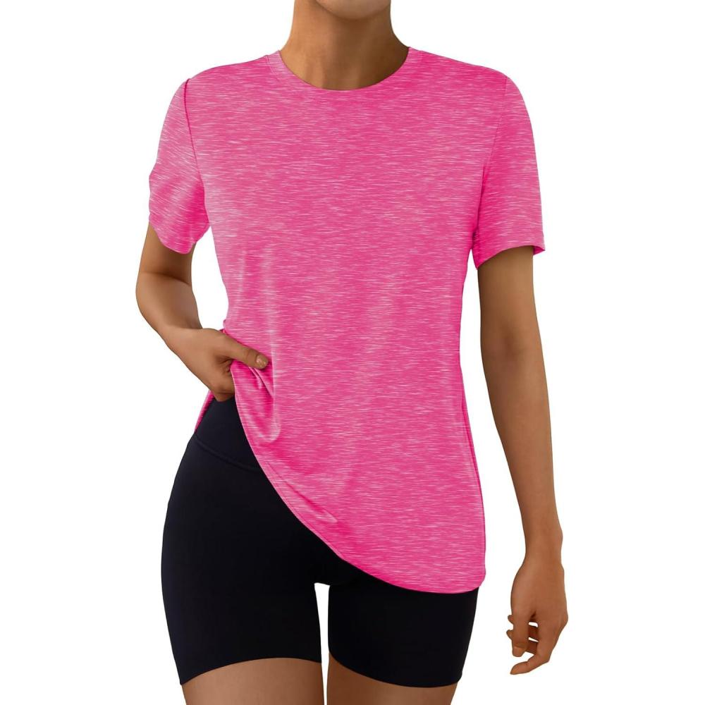 imageAUTOMET Womens Workout Tops Short Sleeve Gym Shirts Summer Athletic Yoga Tshirts Loose Fit Casual Clothes 2025Neonpink