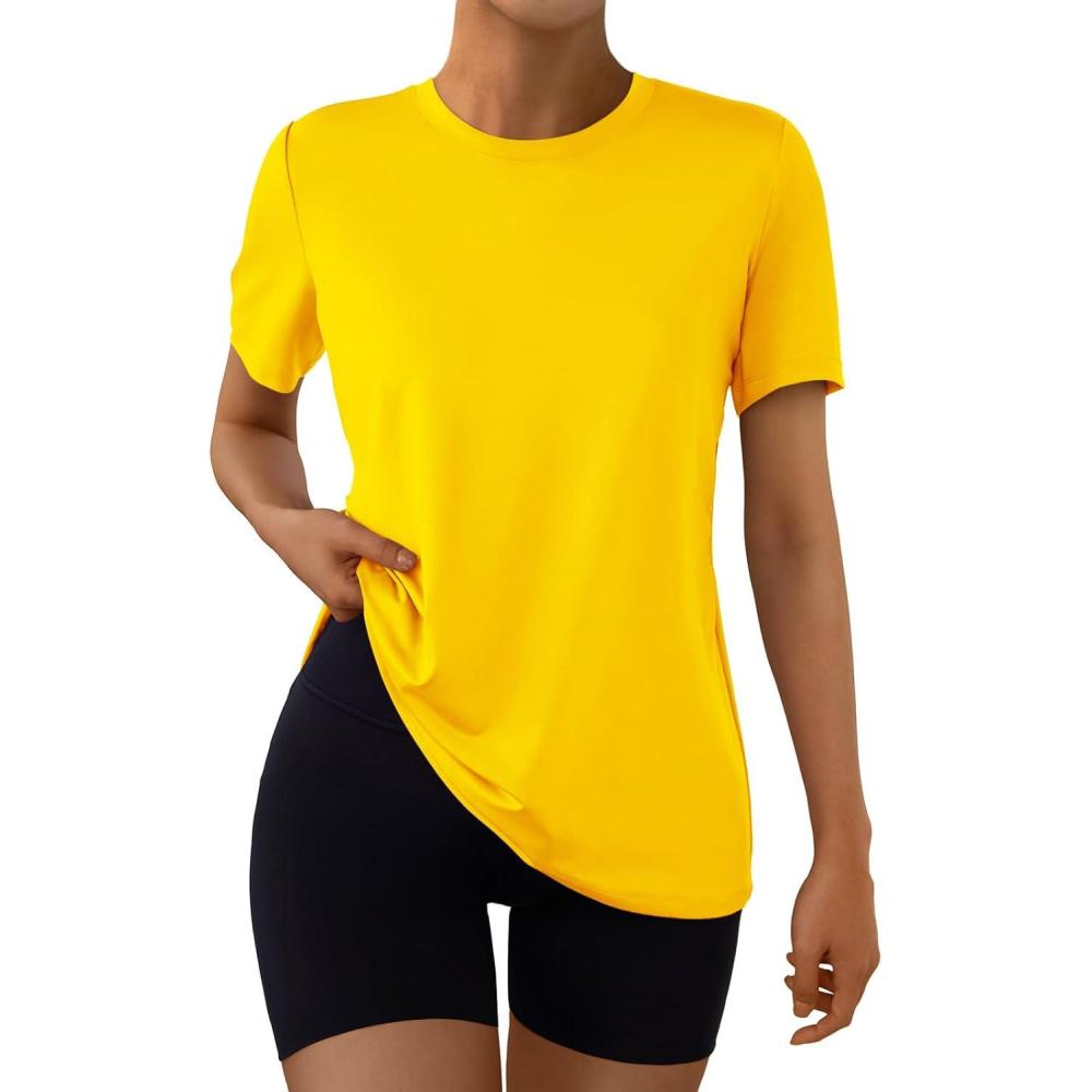 imageAUTOMET Womens Workout Tops Short Sleeve Gym Shirts Summer Athletic Yoga Tshirts Loose Fit Casual Clothes 2025Yellow