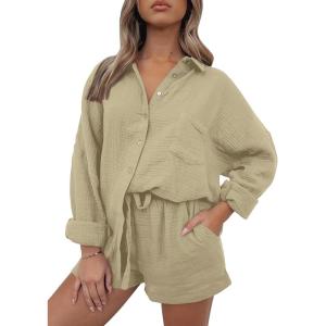 AUTOMET 2 Piece Sets For Women Lounge Wear Matching Two Piece Pajama Fashion Oversized Shirts And Shorts Spring Outfit 2025(01apricot)