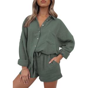 AUTOMET 2 Piece Sets For Women Lounge Wear Matching Two Piece Pajama Fashion Oversized Shirts And Shorts Spring Outfit 2025(01armygreen)