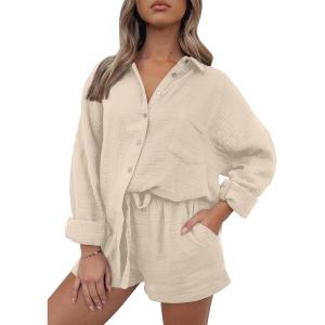AUTOMET 2 Piece Sets For Women Lounge Wear Matching Two Piece Pajama Fashion Oversized Shirts And Shorts Spring Outfit 2025(01beige)