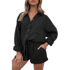 AUTOMET 2 Piece Sets For Women Lounge Wear Matching Two Piece Pajama Fashion Oversized Shirts And Shorts Spring Outfit 2025(01black)