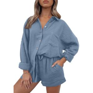 AUTOMET 2 Piece Sets For Women Lounge Wear Matching Two Piece Pajama Fashion Oversized Shirts And Shorts Spring Outfit 2025(01blue)