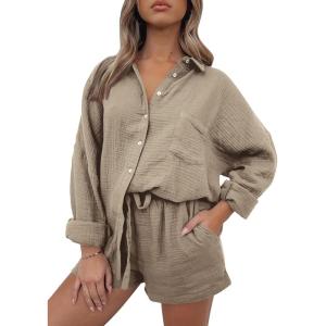 AUTOMET 2 Piece Sets For Women Lounge Wear Matching Two Piece Pajama Fashion Oversized Shirts And Shorts Spring Outfit 2025(01coffeegrey)